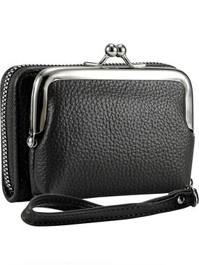 Black Pebbled Leather Wristlet Wallet with Silver-Tone Frame
